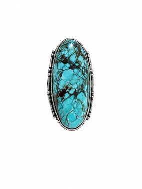 925 Stamped Sterling Silver - Turquoise Oval Statement Ring - Silver Accent
